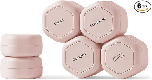 Cadence Travel Containers - 6 Piece Haircare Set - Magnetic Travel Capsules - 2 Small & 4 Medium Capsules - Shampoo, Conditioner, Leave-In Conditioner, Comb, Hair Serum, Hair Gel Labels - Petal