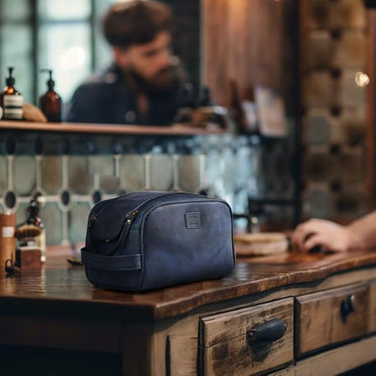 LEATHER VILLAGE Premium Leather Toiletry Travel Pouch With Waterproof Lining - Blue | King-Size Handcrafted Vintage Dopp Kit Bag, Shaving & Bathroom Organizer, Gift for Men & Women