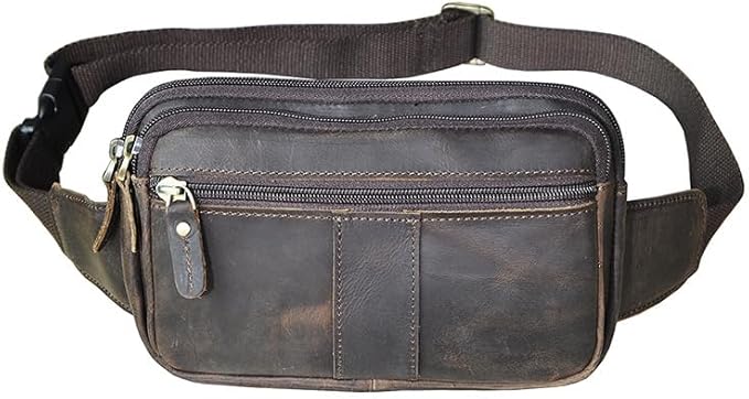 Compact Genuine Leather Waist Pack for Men Phone Fanny Pack Small Chest Messenger Bag with Adjustable Belt Gifts for Men (Coffee)