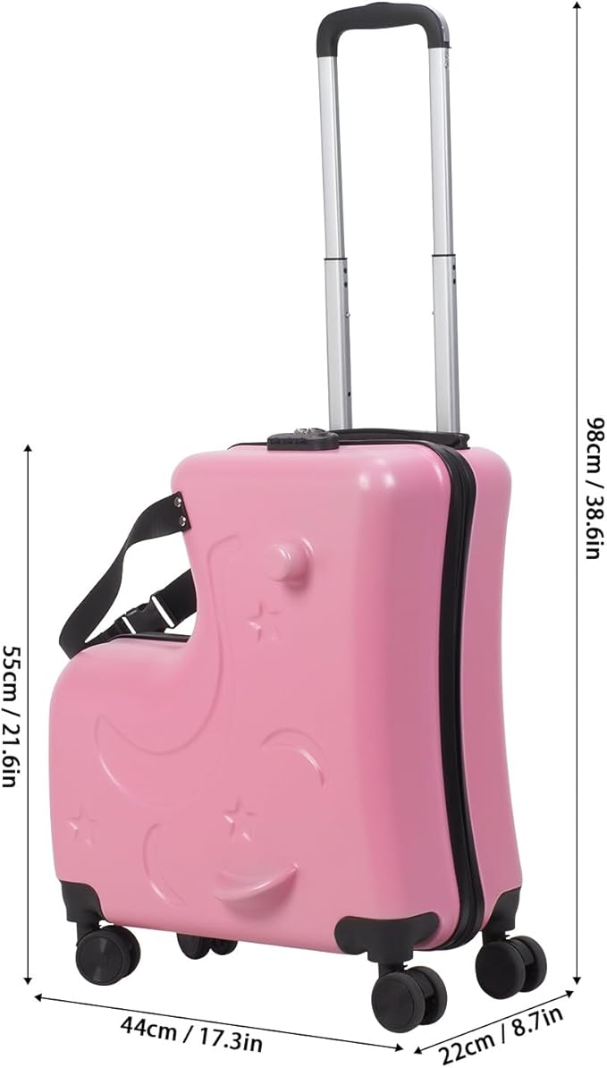 20 Inch Kids Carry-On Trolley, Pink Suitcase with Wheels Impact Resistant Rolling Children Travel Luggage with Seat and Safety Belt Small Suitcase for Unisex Boys Girls ABS+PC (Pink)