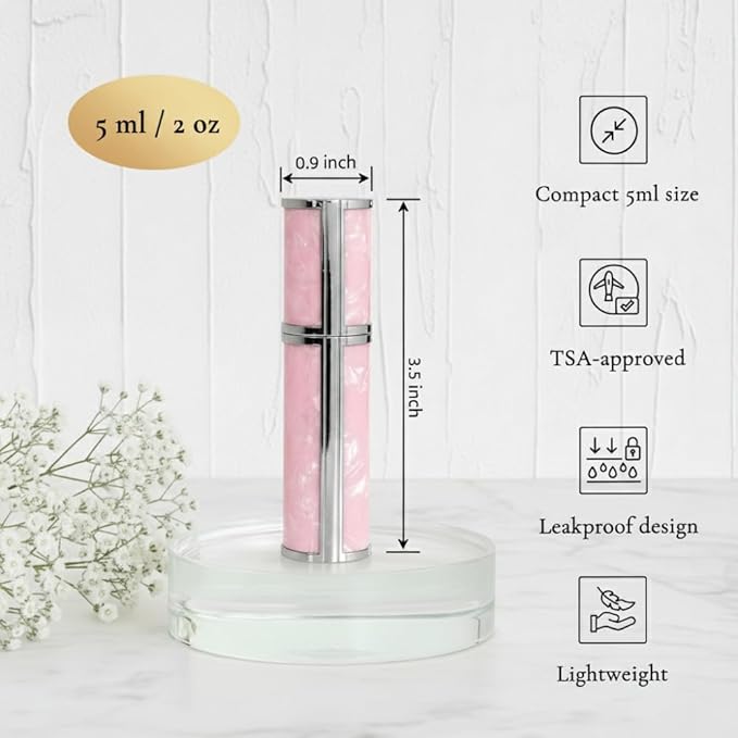 Ms Lovely Pearlescent Travel Perfume Atomizer Bottle – 5ml Refillable Mini Spray for Purse, TSA Approved Portable Fragrance Dispenser (Pink and Silver)