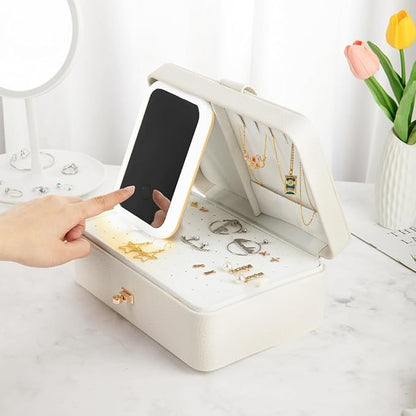 Custom 3-Layer Travel Jewelry Case Personalized Name Birth Flower Jewelry Organizer and Storage With 3 Colors LED Makeup Mirror Mother Jewelrys Box Gifts For Women Nana Size 9.25×6.3×3.54 INCH