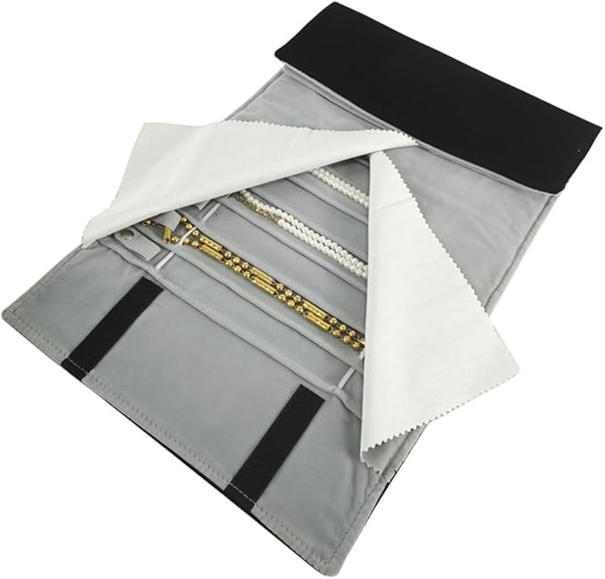 Portable Jewelry Roll Untangled Secure Necklace Travel Storage Bag Displays Holder 16 Chain (Black and Gray)