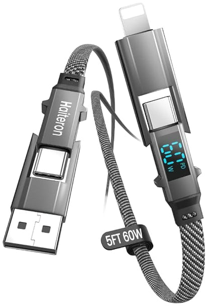 4 in 1 Charging Cable 60W, USB C Fast Charging iPhone Charger Cord Flat Braided Combo USB A/C to C/L Cable with LED Display,Multi Charging Cord for iPhone 16/15,MacBook,iPad,3FT