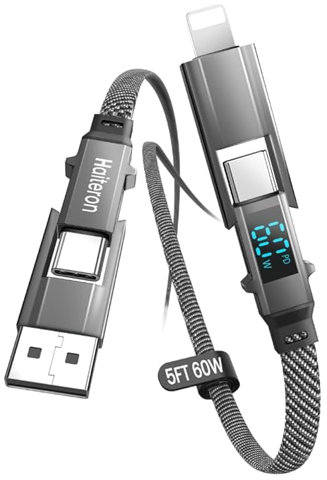 4 in 1 Charging Cable 60W, USB C Fast Charging iPhone Charger Cord Flat Braided Combo USB A/C to C/L Cable with LED Display,Multi Charging Cord for iPhone 16/15,MacBook,iPad,3FT