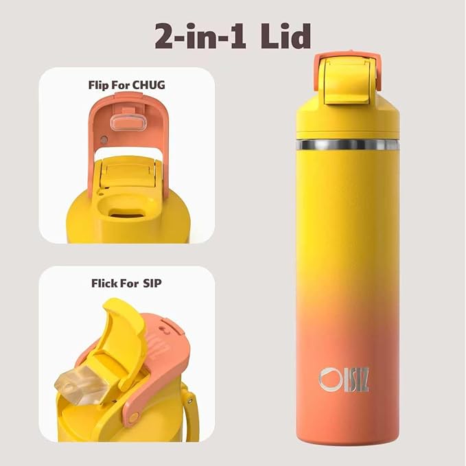 OISIZ Insulated Water Bottle 24 oz with 2 in 1 Spout and Straw Lid,One Click Safety Lock,100% Leakproof,Keep Cold 24H,Vacuum Stainless Steel Water Bottle for School,Travel and Sports,Dishwasher Safe