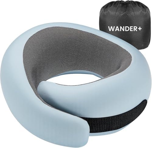 WANDER PLUS® 100% Pure Memory Foam Travel Neck Pillow Airplane Neck Support Ergonomic Design Best for Sleeping Plane Car Train Office Flight for Adults Max Sky Blue
