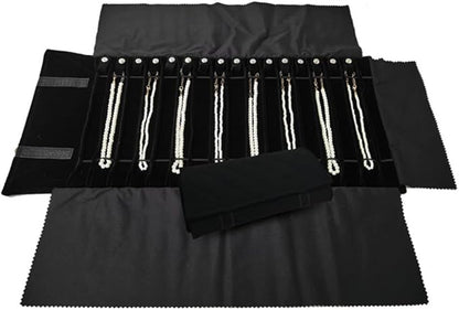 Portable Jewelry Roll Untangled Secure Necklace Travel Storage Bag Displays Holder 16 Chain (Black Diamond)