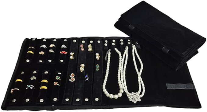 Velvet Travel Jewelry Case Roll Bag Organizer for Necklace Bracelet Earrings Ring (Black) (Black set)