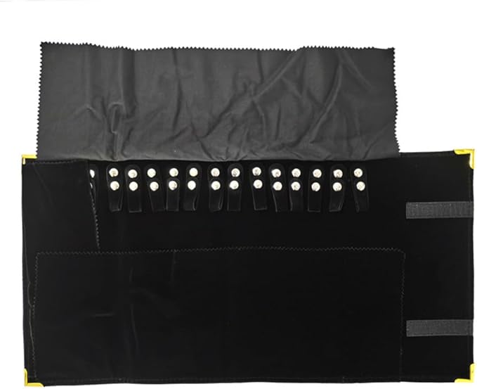 Premium Jewelry Roll Organizer for 16 Necklaces 55cm x 29cm Metal Snap & Velcro Closure - Ideal for Travel and Storage (Black with golden corner)