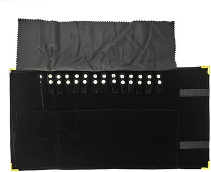 Premium Jewelry Roll Organizer for 16 Necklaces 55cm x 29cm Metal Snap & Velcro Closure - Ideal for Travel and Storage (Black with golden corner)