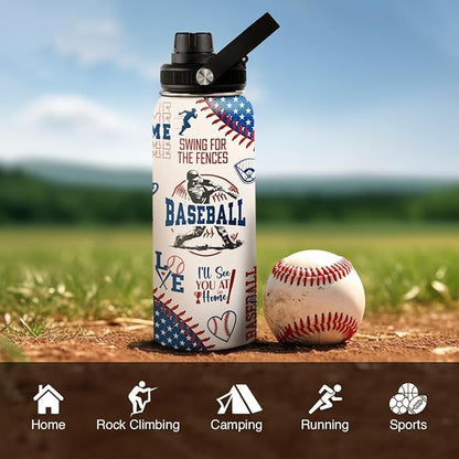 Baseball Water Bottle - 32oz Stainless Steel Insulated Sport Bottles with Lid - Gift for Men Baseball Lover Player Fan Coach
