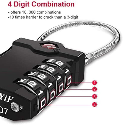 ZHEGE Travel Locks, TSA Approved Locks for Luggage, 4 Digit Cable Lock with Inspection Indicator for Luggage Suitcase, Backpack, Baggage, Easy to Read（4 Pack, Black）