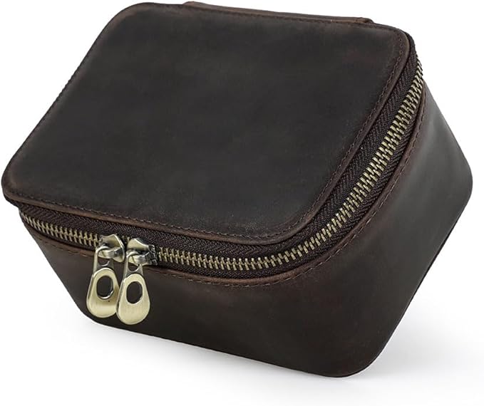 CONTACTS Crazy Horse Leather Watch Case and Cufflink Storage Box for Men Small Travel Zipper Jewelry Accessory Organizer