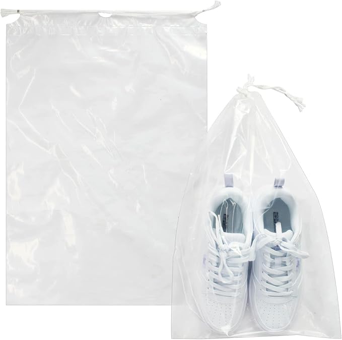 100 Pack 12x18 inch Plastic Drawstring Bags Transparent Shoe Bags for Travel Large Clear Shoes Storage Organizers Pouch with Cotton Draw Strings Shoe Dust Bags