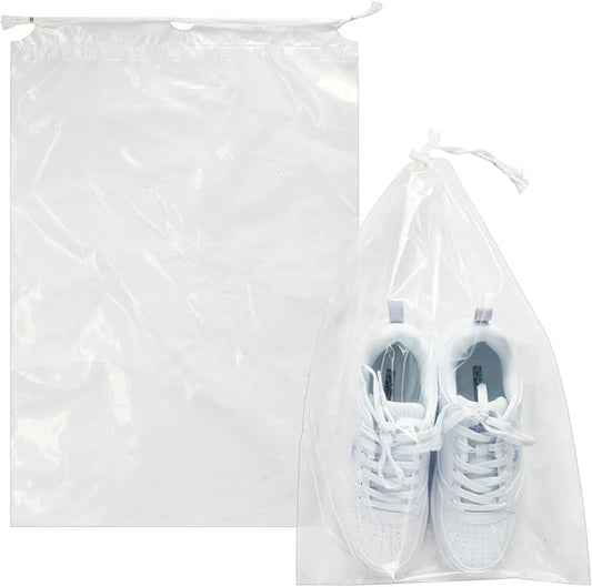 100 Pack 12x18 inch Plastic Drawstring Bags Transparent Shoe Bags for Travel Large Clear Shoes Storage Organizers Pouch with Cotton Draw Strings Shoe Dust Bags