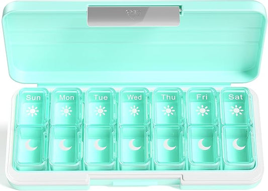 Zoksi Am Pm Pill Organizer 7 Day, Weekly Pill Box 2 Times a Day, Medicine Pill Organizer with Separate Compartment, Travel Pill Case Dispenser Portable for Vitamins, Fish Oils, Medicines(Green)