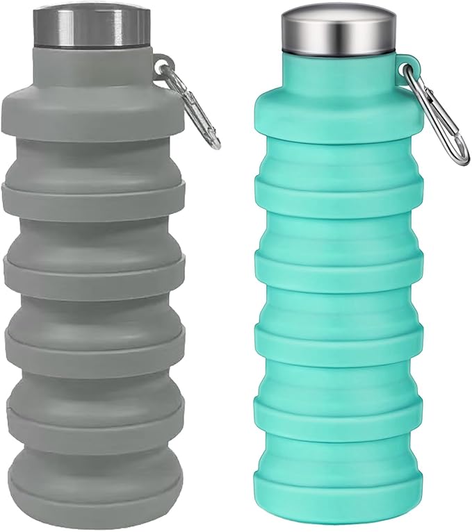 Collapsible Water Bottle,16oz Capacity Portable Reusable Silicone Water Bottle,Leak-proof,with buckle,foldable storage,Lightweight Durable for Fitness,Cycling,Sports,Camping,Hiking (Grey+Green)