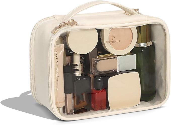 Pocmimut Clear Makeup Bag,Double Layer Large Cosmetic Bag with Makeup Brush Bag,TSA Approved Toiletry Bag Makeup Case Car Accessories Travel Essentials Organizers for Women,Begie