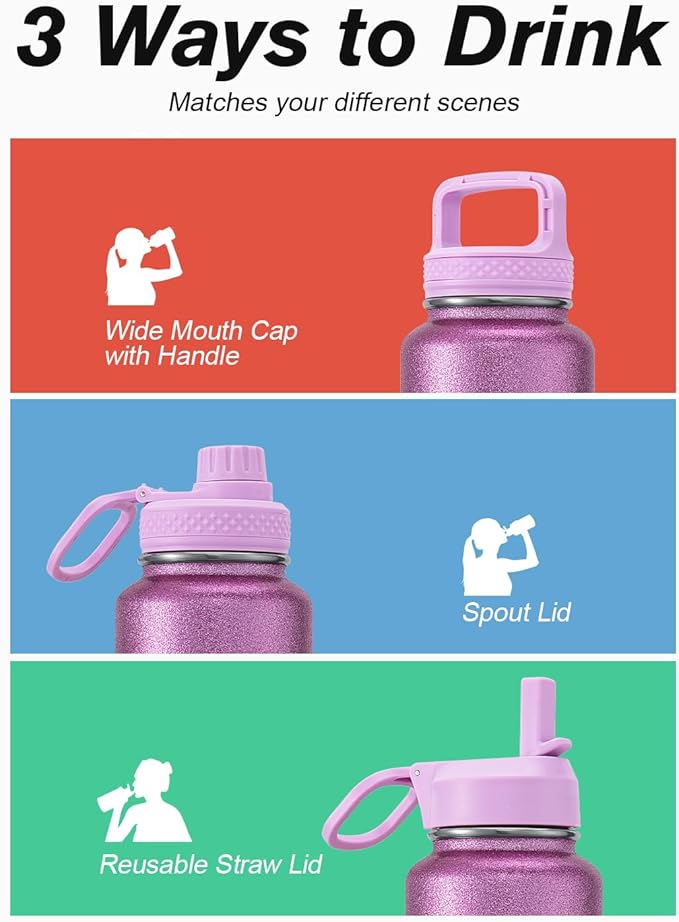 Coolflask Water Bottle 40 oz Insulated with Straw, Stainless Steel Metal 3 Lids Water Flask for Sports or Office, Keep Cold 48H Hot 24H, Glitter Pink