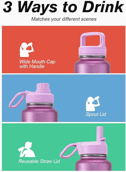 Coolflask Water Bottle 40 oz Insulated with Straw, Stainless Steel Metal 3 Lids Water Flask for Sports or Office, Keep Cold 48H Hot 24H, Glitter Pink