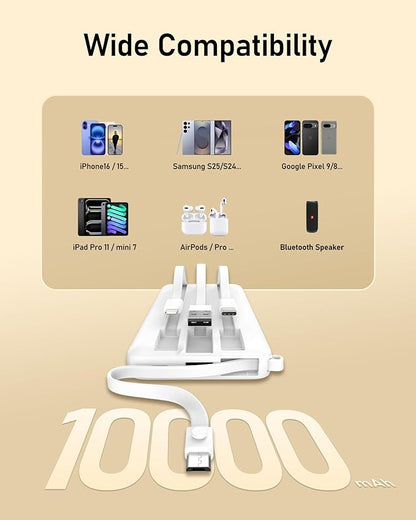 VEEKTOMX Portable Charger Built-in Cables, 10000mAh Power Bank for iPhone, Fast Charge USB C Battery Pack Travel Essentials Powerbank Compatible with iPhone 17/16/15/14, Samsung S25/24, Android, etc