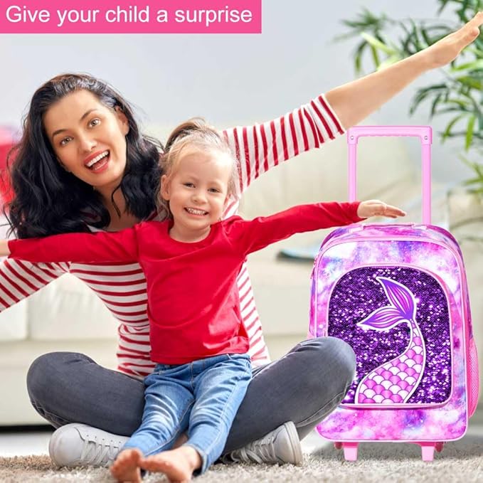2PCS Kids Luggage, Suitcases for Girls, Carry on Rolling Luggage with Wheels, 18" Toddler Suitcase Set 12" with Sequin Backpack - Pink Mermaid