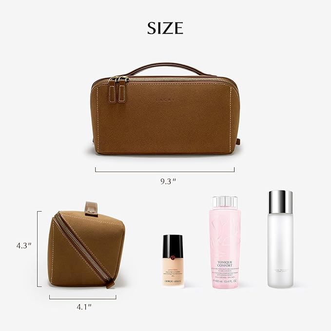 EACHY Travel Makeup Bag, Faux Suede Cosmetic Bags for Women,Large Capacity Portable Pouch Open Flat Toiletry Bag Make up Organizer with Divider and Handle