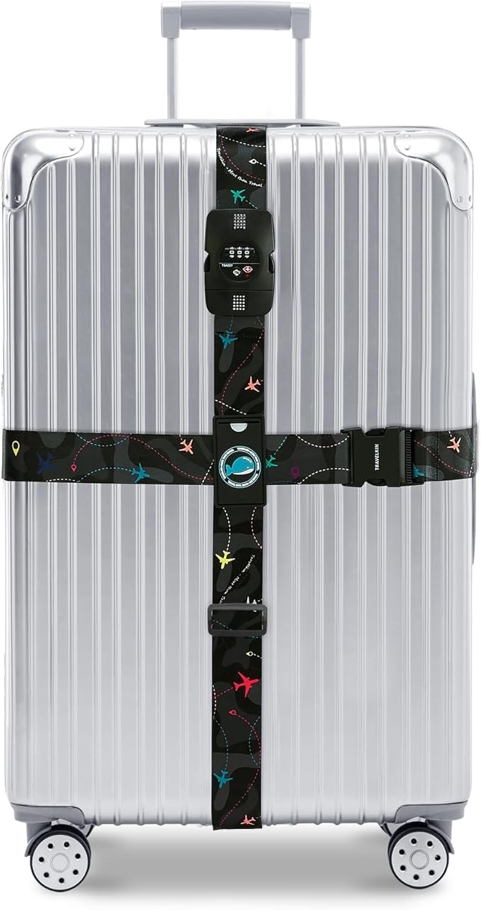 Travelkin Luggage Straps TSA Approved - Adjustable Cross Suitcase Straps with TSA Lock, Reinforced Buckle, Unique Pattern - Secure Heavy Duty Luggage Straps for Travel (Air Line Black)