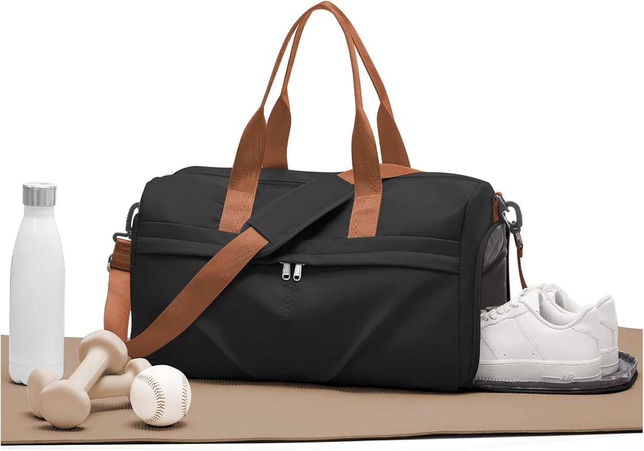 Gym Bag for Women Men with Shoe Compartment, Sport Duffel Bag, Waterproof Travel Weekender Overnight Carry on Bag for Yoga with Trolley Sleeve, Black Brown