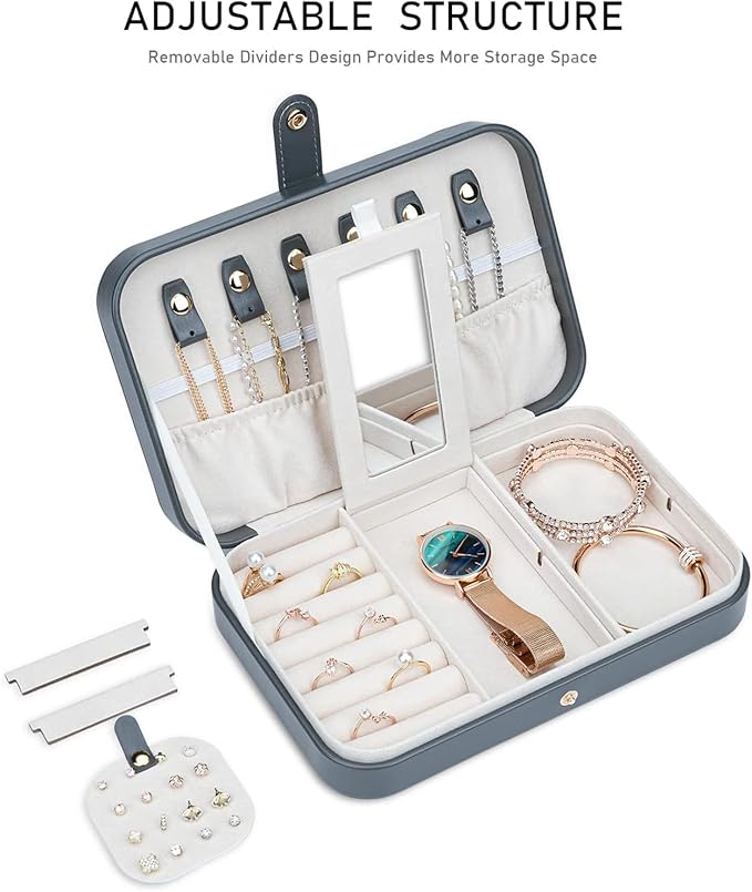 2-Layer Travel Jewelry Box for Women, Portable Jewelry Organizer with Mirror & Removable Dividers, PU Leather Jewelry Case – Gift for Wife, Mom, Girlfriend (Gray White)