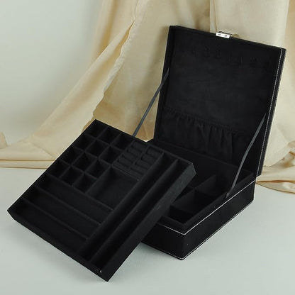 Jewelry Boxes 10 x 10 Inches 2-layer Handle Necklace Holder Organizer Jewellery Women Rings Storage Display Girls Earrings Case Lockable Jewelry Tray GY641 (Black)