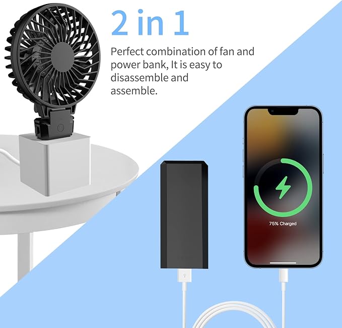 HandFan 5200mAh Portable Fan Handheld, 6 Speeds Hand Held Fan 180° Foldable Personal, Battery Operated USB Rechargeable, Handle Separate Design for Travel/School/Outdoors/Indoors (6 Speeds Black)