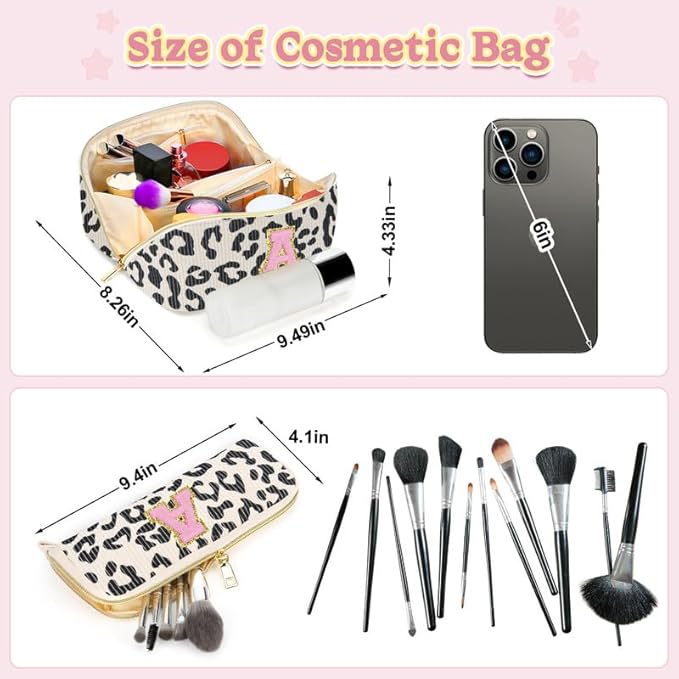 Personalized Travel Makeup Bag Set,Initial Travel Cute Leopard Makeup Organizer Bag,Toiletry Skincare Cosmetic Bag,Christmas Gifts for Women/Girls,Open Flat Toiletry Pouch with Brush Pocket-S