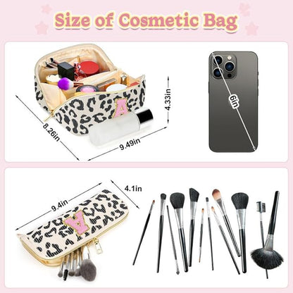 Personalized Travel Makeup Bag Set,Initial Travel Cute Leopard Makeup Organizer Bag,Toiletry Skincare Cosmetic Bag,Christmas Gifts for Women/Girls,Open Flat Toiletry Pouch with Brush Pocket-S
