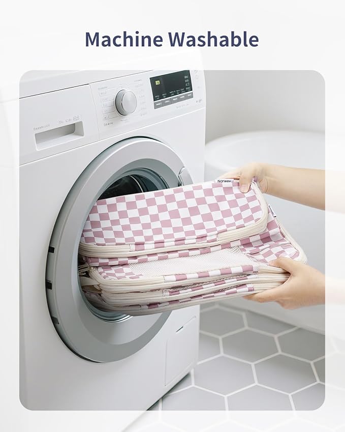 Narwey 5 Set Compression Packing Cubes for Travel, Luggage Packing Organizer Bags for Carry on Suitcase, Expandable Checkered Storage Bags with Laundry & Handle (Dusty Pink Checkerboard)