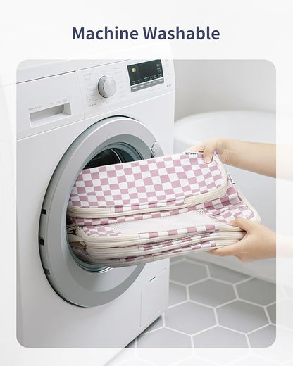 Narwey 5 Set Compression Packing Cubes for Travel, Luggage Packing Organizer Bags for Carry on Suitcase, Expandable Checkered Storage Bags with Laundry & Handle (Dusty Pink Checkerboard)