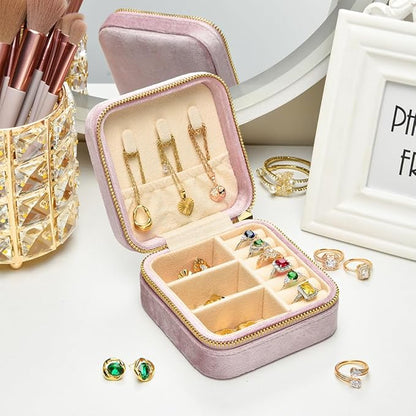 TAIMY Plush Velvet Travel Jewelry Box, Small Travel Jewelry Case, Portable Mini Jewelry Travel Organizer Boxes for Rings Earrings Necklaces Bracelets(Pink Lavender,No Mirror)