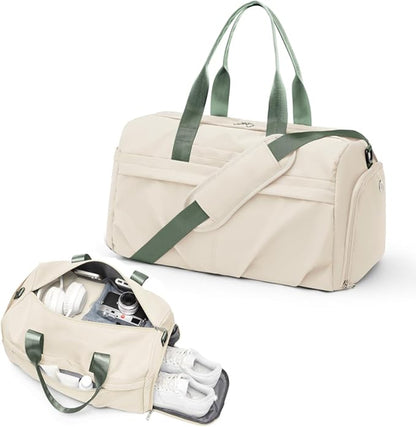 Gym Bag for Women Duffle Bag with Shoe Compartment Yoga Mat Bag Sports Workout Bag Weekend Overnight Bag, Beige Green