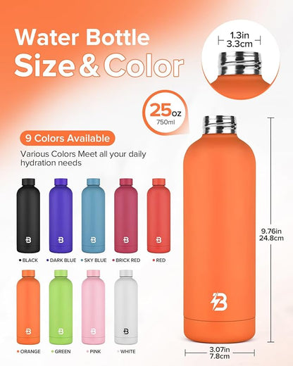 Insulated Water Bottle with Lid, 25 oz Reusable Leak-Proof Metal Stainless Steel Water Bottles for Travel, Sports, Gym, Outdoor (Orange)
