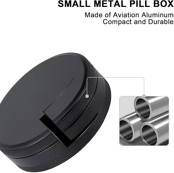 Daily Pill Organizer 4 Compartments - Metal Daily Small Pill Case Waterproof, Travel Pill Box for Purse, Compact Medicine Container Pill Dispensers Holder for Vitamin, Fish Oil, Supplement (Black)