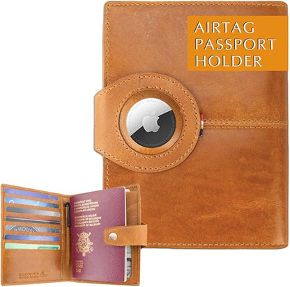 GARZINI Passport Holder with AirTag, Passport Wallet with RFID, Travel Accessories, Travel Document Holder with ID Window, Leather Passport Holder for 7 Cards, Brushed Cognac