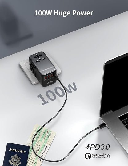 MOMAX Universal Travel Adapter, 100W Fast GaN International Power Adapter, 2PD USB-C+2QC USB-A Travel Adapter, US, UK, EU, AU Travel Adapter Worldwide for Laptops, Tablets, Phones, Vision Pro