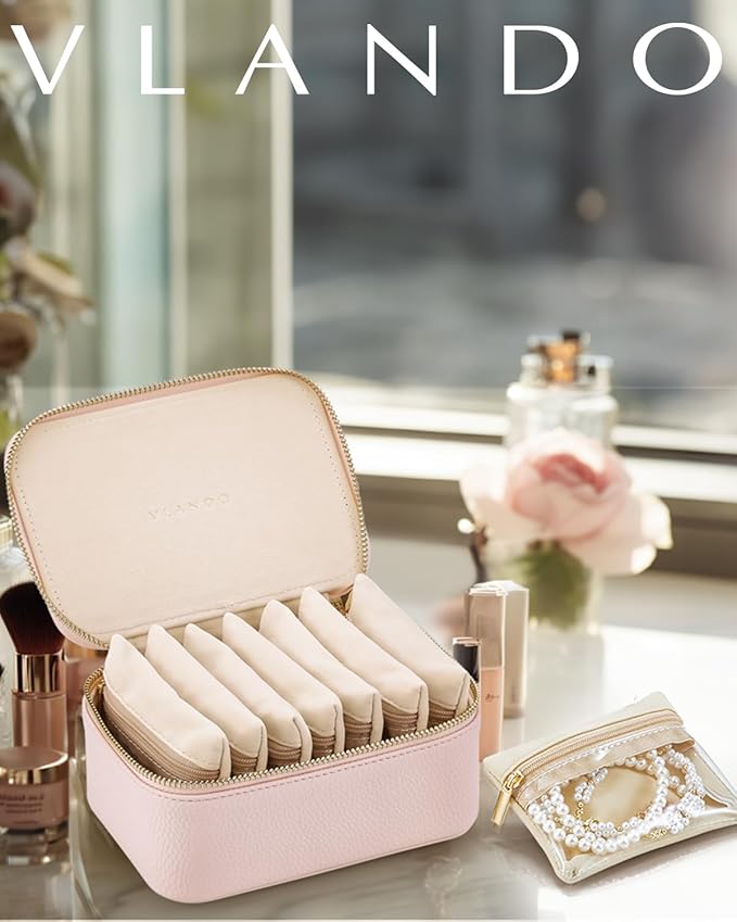 Vlando Gifts for Women, Jewelry Box with 8 Velvet Jewelry Bags Travel Jewelry Case for Women Girls Jewelry Organizer Necklace Rings Earrings Bags Gift Ideas for Birthday Bride (Pink)