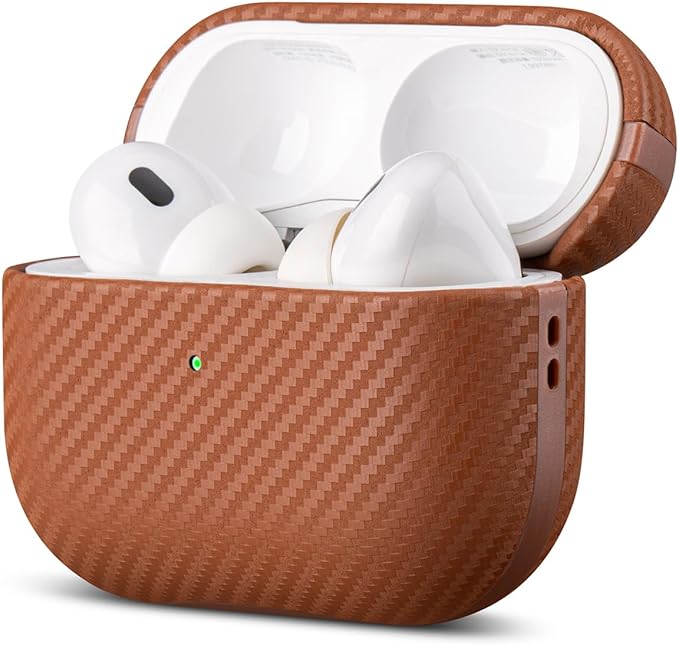 LOPIE Leather Case for AirPods Pro 2nd Generation - Handmade AirPods Pro 2 Case Cover - Made of Real Leather - Protective Hard Shell Cover - Carbon Fiber Style - Wireless Charging Compatible - Brown