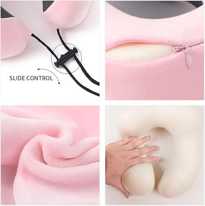 Airplane Travel Neck Pillow, 100% Memory Foam Ergonomic Neck Support, Airplanes Neck Pillow with Washable Cover Travel Essential for Flight Car & Office Includes Eye Masks, Earplugs & Carry Bag (Pink)