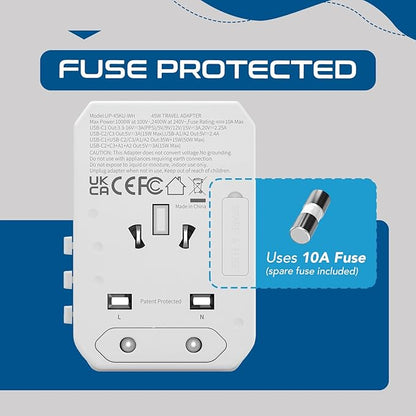 Ceptics 6-in-1 Universal Travel Adapter with 2X USB-A and 3X USB-C, 45W for Global Use, Compatible with US, EU, UK & More, White
