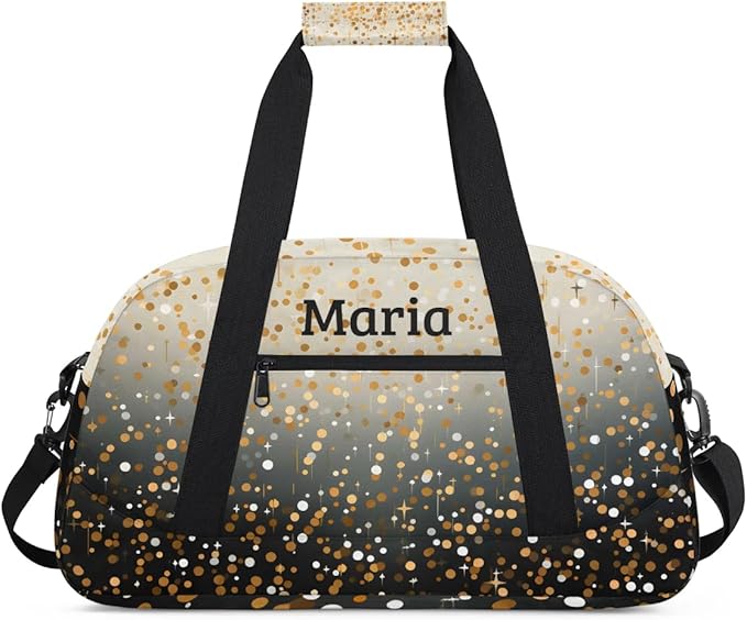 Personalized Kids Sports Duffel Bag with Name Custom Weekender Overnight Bag for Boys Girls Gym Bag Travel Dance Gymnastics Duffel Bag, Golden Glitter Black Shiny