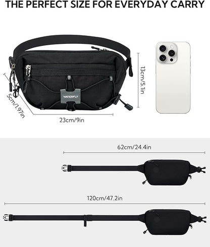 WATERFLY Lightweight Small Fanny Pack: 1.5L Mini Slim Crossbody Waist Belt Hip Bag with RFID Blocking, Anti-Theft & Water Resistant Pouch for Women Men Travel Hiking Running Walking EDC