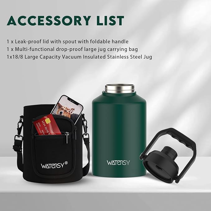 WATERSY 1 Gallon Water Bottle Insulated(Cold for 48 Hrs),BPA Free&Leak Proof,128oz Stainless Steel Water Jug,Big thermo,Large Water Bottle with Handle for Gym,Hiking,Camping&Travel,Dark Green